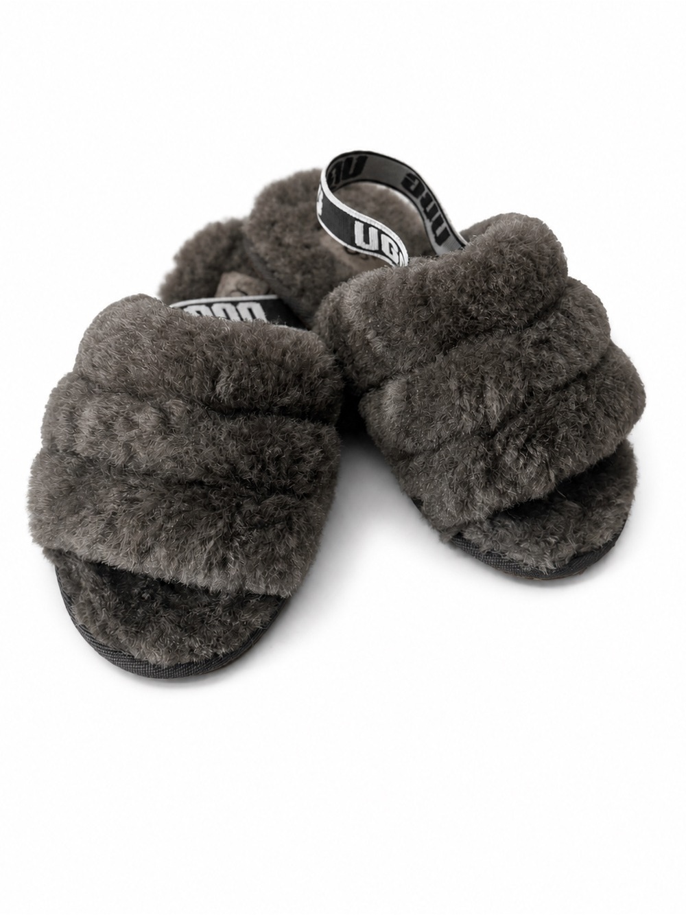 UGG Fluff Yeah Slides Girls Size 10 Grey Sheepskin Sherpa Slingback Slippers